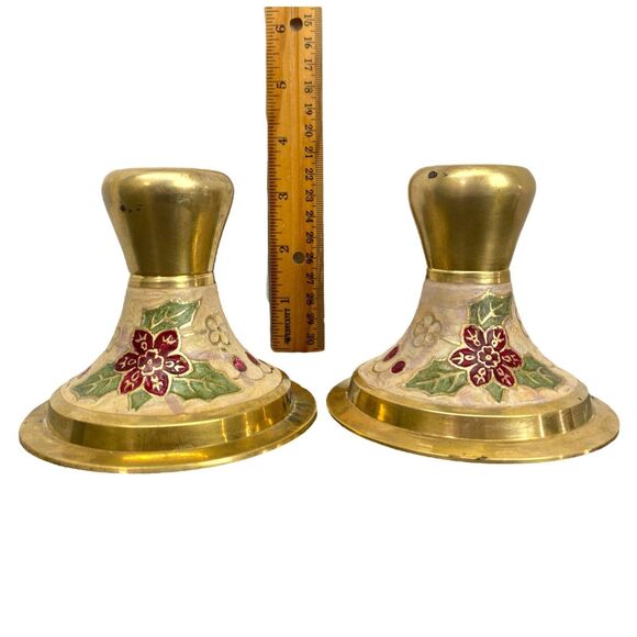 Vintage India Brass Cloisonné Enamel Holiday Poinsettia Set Candle Holders - Picture 4 of 7